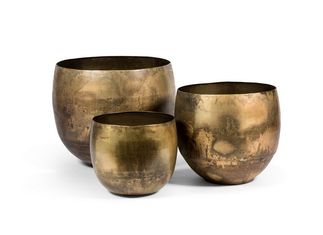 Set Of 3 Large Plant Pots Old Brass