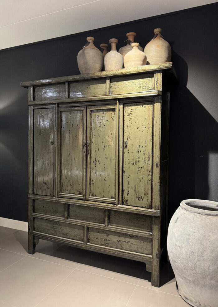 Unique Oriental Cabinet With Jade Green Weathered Lacquer