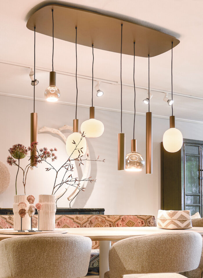 Pendant Lamp Riva Danish Oval 8-Light Platinum With Lampion Bulbs