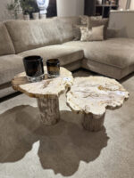 Wooden tables with glass decorations