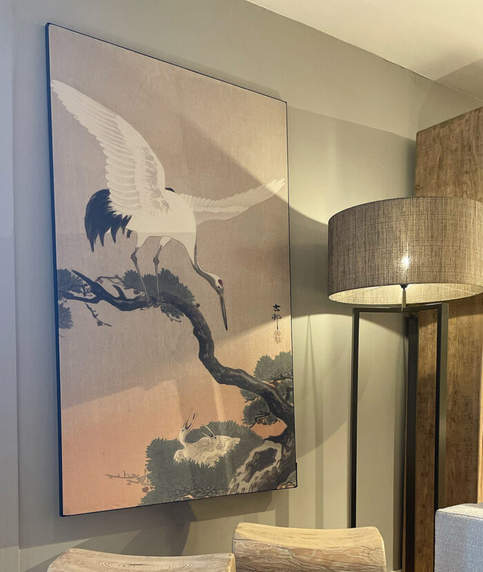 Artwork Japanese crane on pine branch