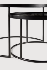 Twee zwarte ronde tafels.