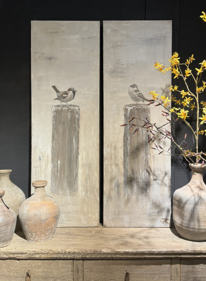 Paintings of birds on a mooring post, set of 2